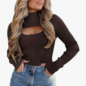 2 Piece Cutout Top Long Sleeve Rib Knit Pullover Sweater - Small - Coffee